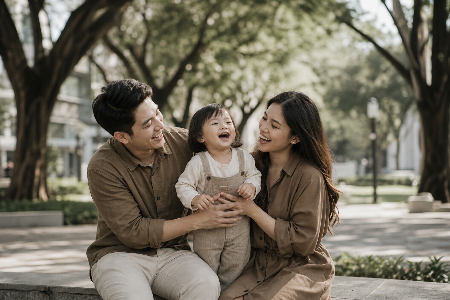Supporting portrait: young family of three in coordinated earth-tone outfits laughing together in a tree-lined park