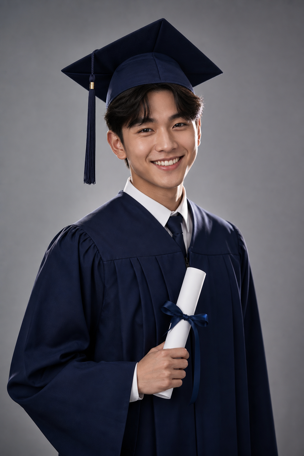 Supporting portrait: smiling graduate in a navy cap and gown holding diploma in a clean studio with soft gray backdrop