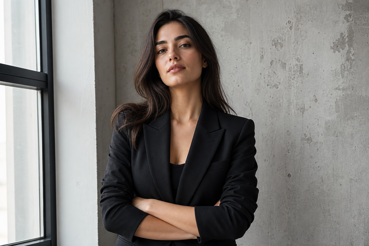 Lead portrait: confident young woman in a tailored black blazer standing in soft window light against a textured concrete wall