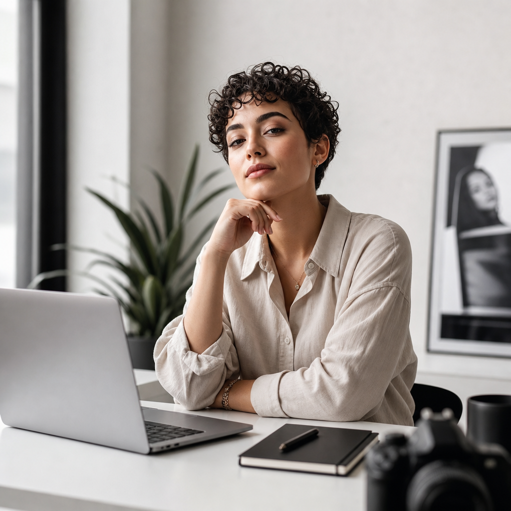 Supporting portrait: personal brand creator with short curly hair seated at a minimalist desk with laptop and soft daylight