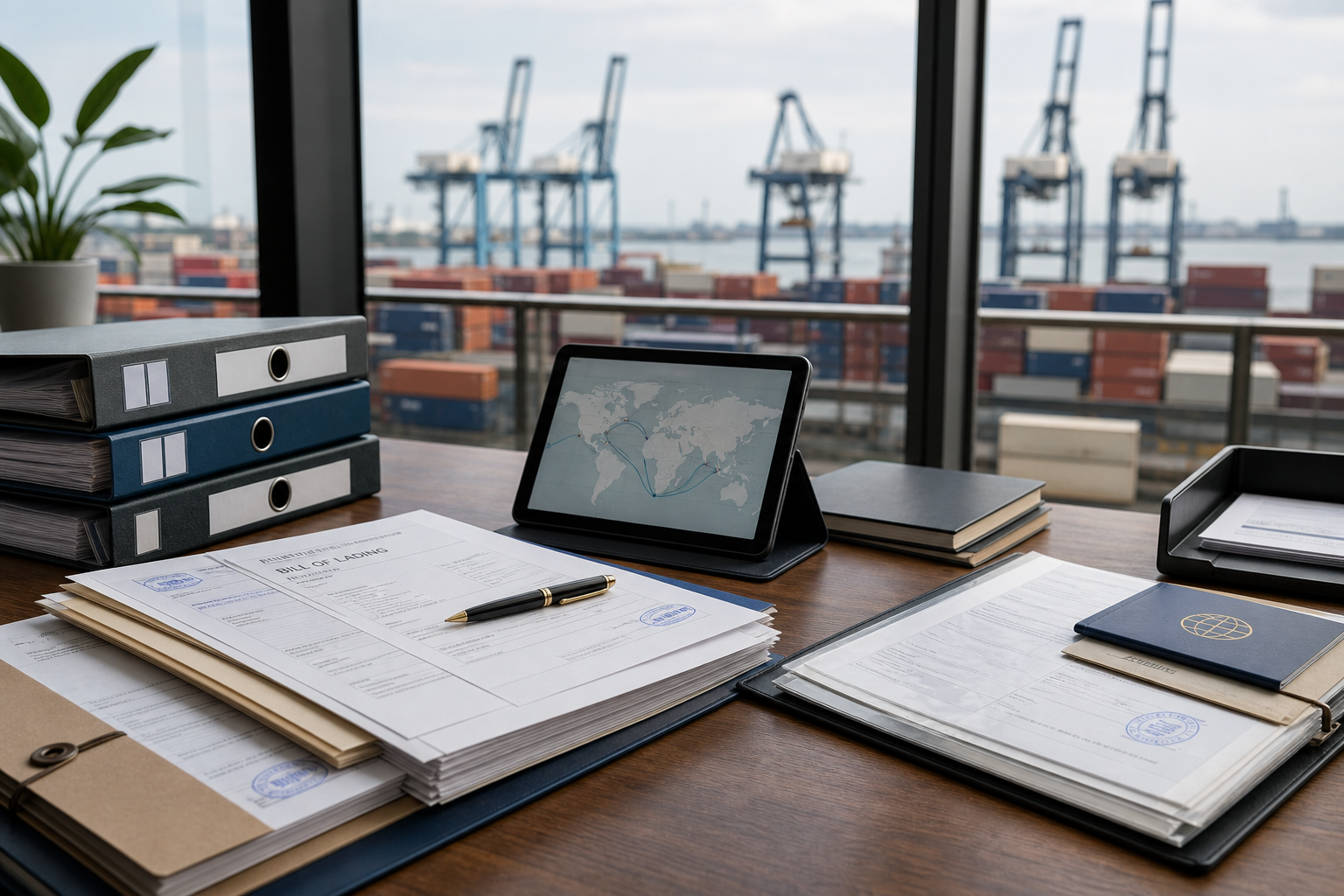Editorial-style photo of international commodity logistics coordination: shipment folders, bills of lading, and container routing notes reviewed at an operations desk with port activity visible in the background, calm neutral tones and premium corporate realism