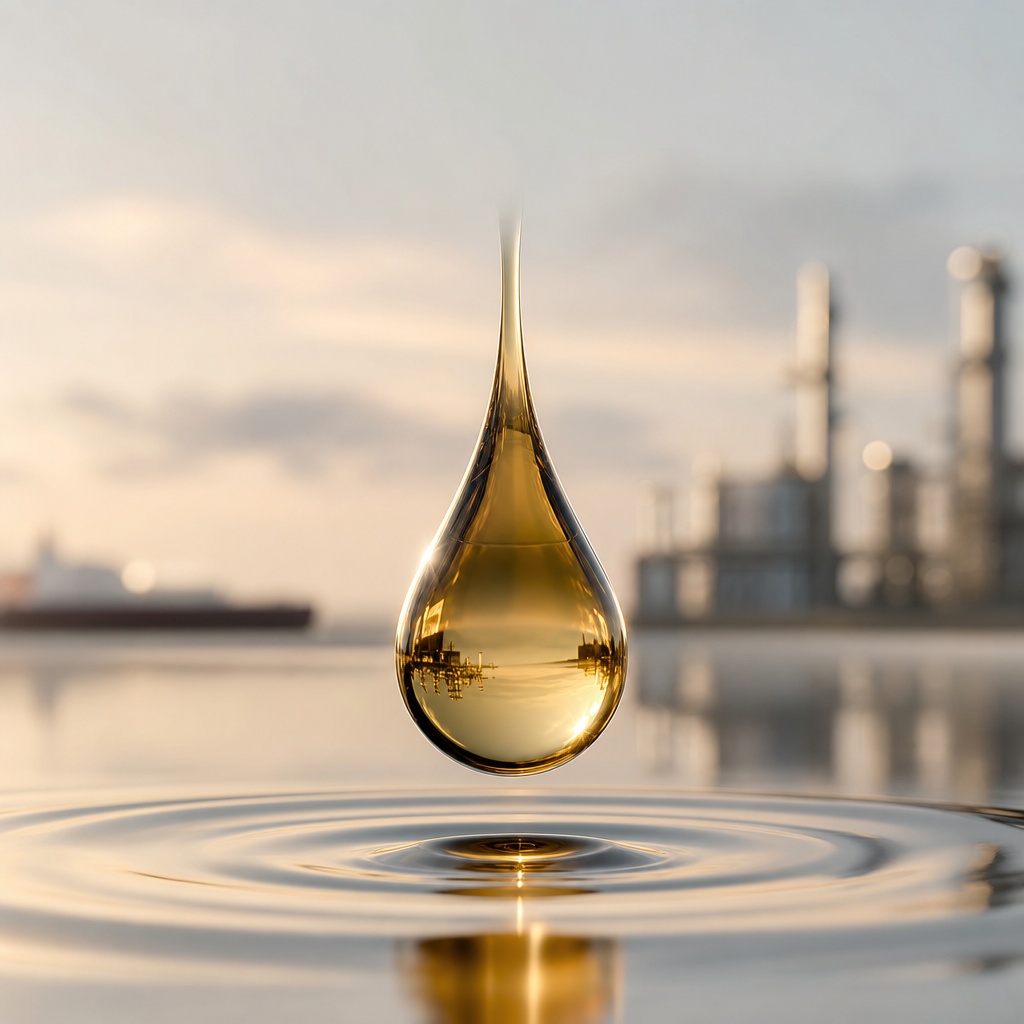 Refined editorial photo of offshore energy infrastructure at calm daylight, with support vessels and clean industrial geometry, soft neutral tones, and professional corporate realism