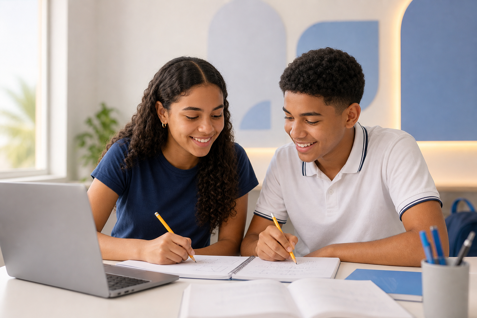 Two Dominican teenagers studying math together at a desk with notebooks and a laptop, calm modern classroom setting