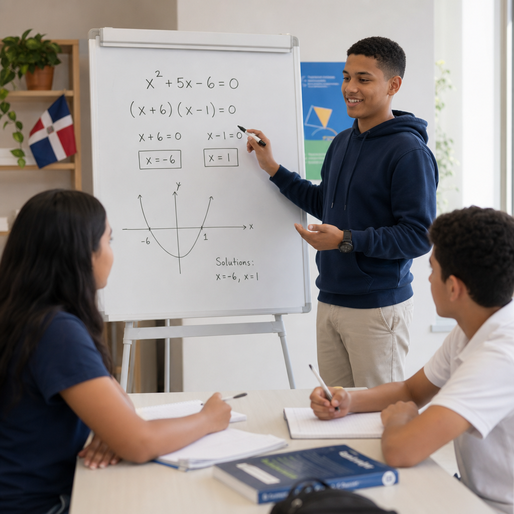 Estudiantes dominicanos de nivel medio y secundario estudiando matemáticas con un tutor de apoyo en un escritorio limpio