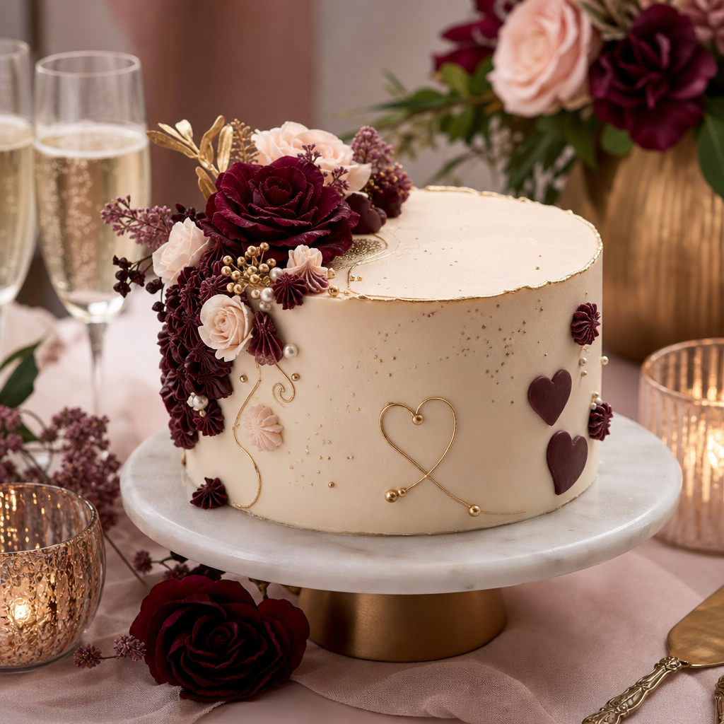 Anniversary sample cake with deep berry accents, hand-piped romantic details, and a modern single-tier boutique presentation