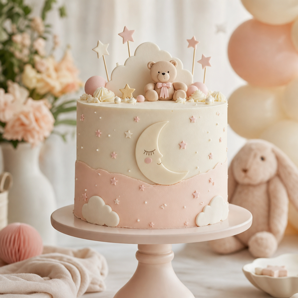 Baby shower sample cake in soft blush and cream tones with tiny fondant stars, smooth finish, and sweet minimalist piping