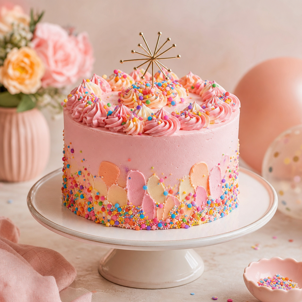 Birthday sample cake with playful pastel buttercream swirls, colorful confetti sprinkles, and a gold topper on a boutique cake stand