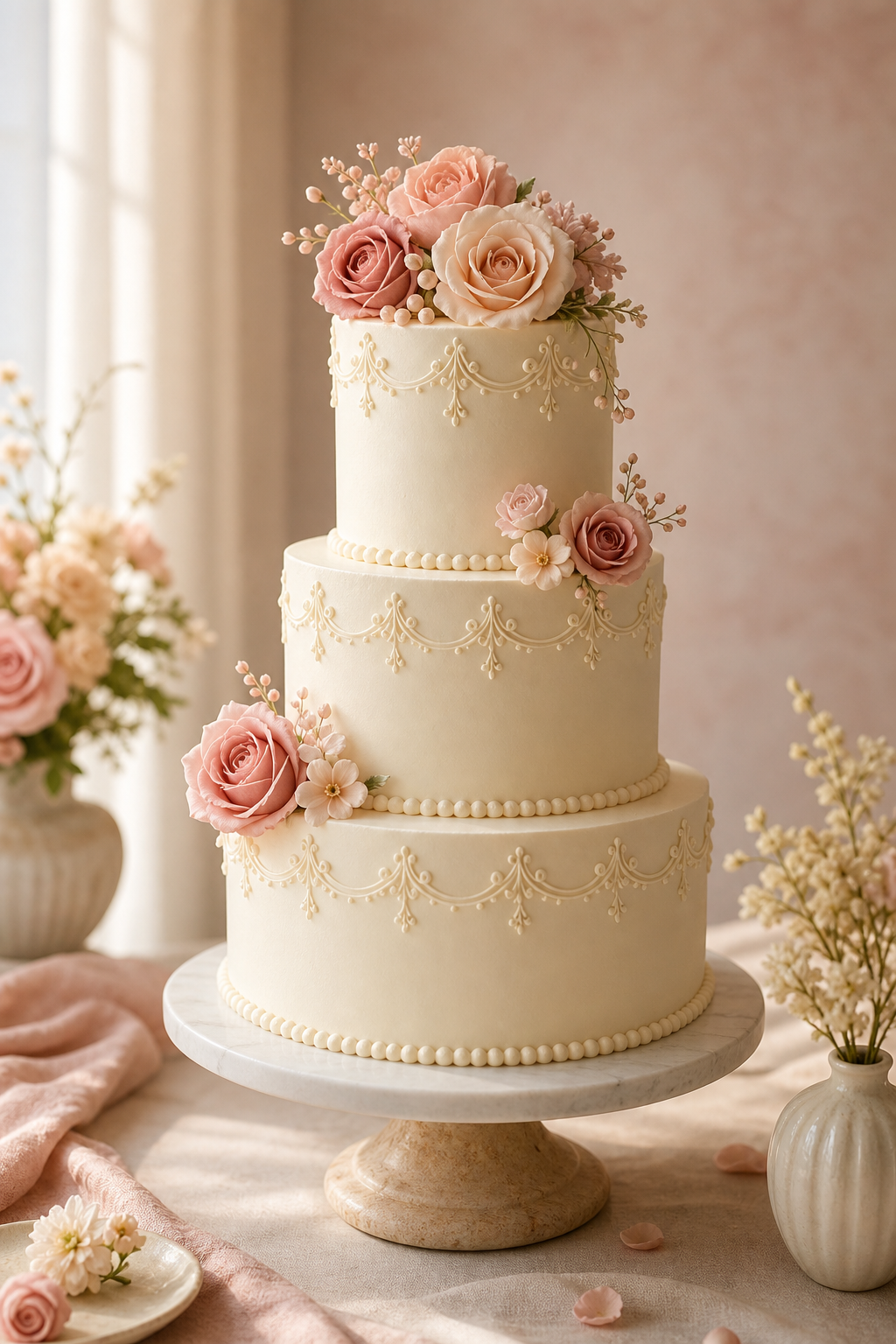 Elegant three-tier custom celebration cake with delicate floral icing on a styled studio surface