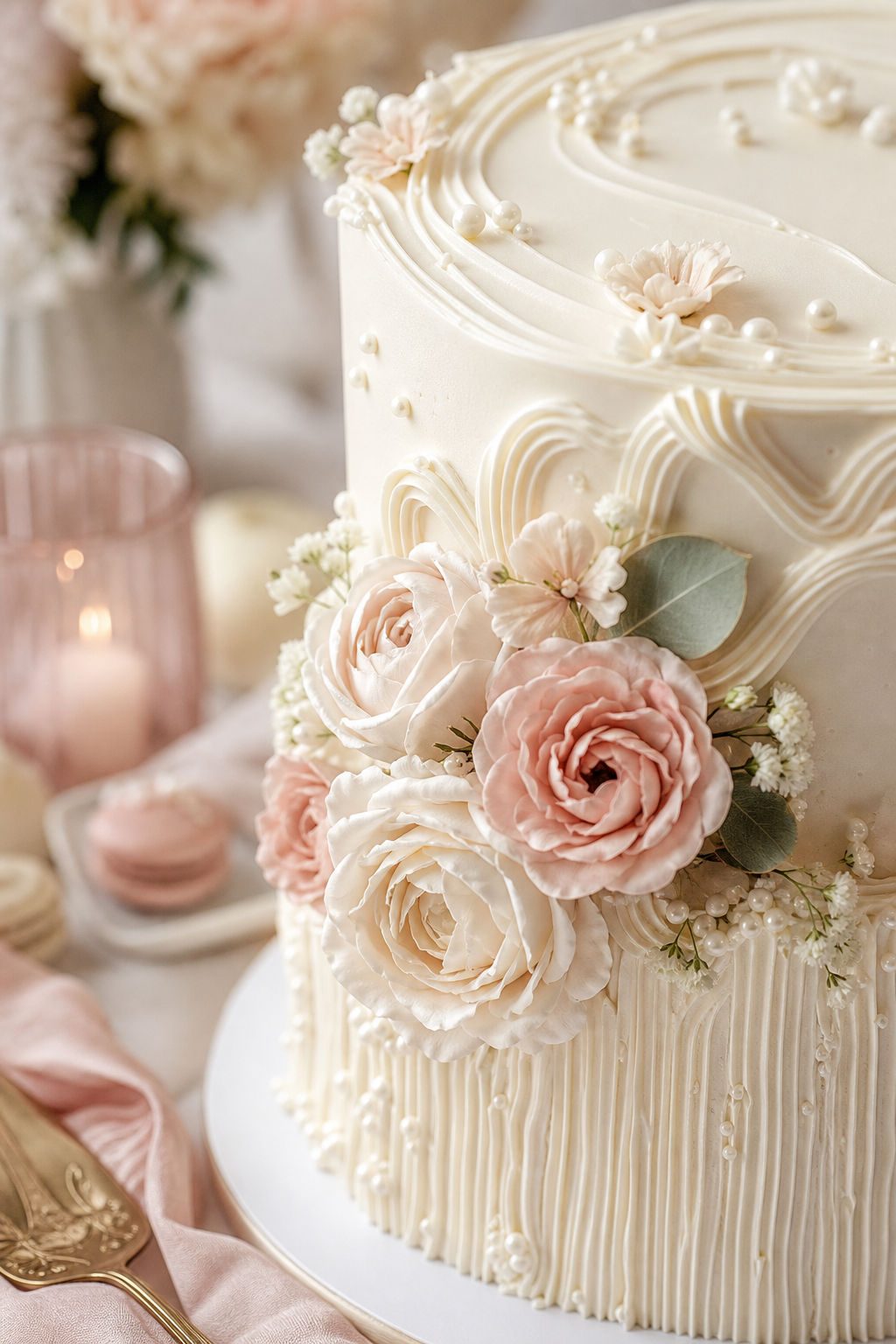 Elegant cake detail close-up with delicate piped buttercream and edible floral accents on a refined dessert table