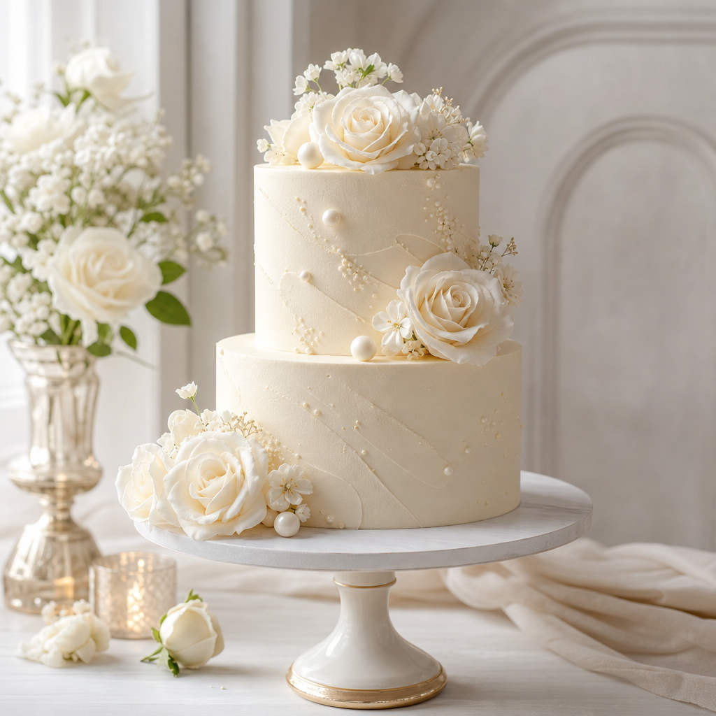 Wedding sample cake with ivory textured buttercream, delicate sugar flowers, and a refined two-tier silhouette