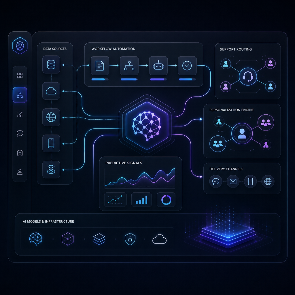 Abstract AI systems interface diagram showing workflow lanes, predictive signals, support routing, and personalization nodes