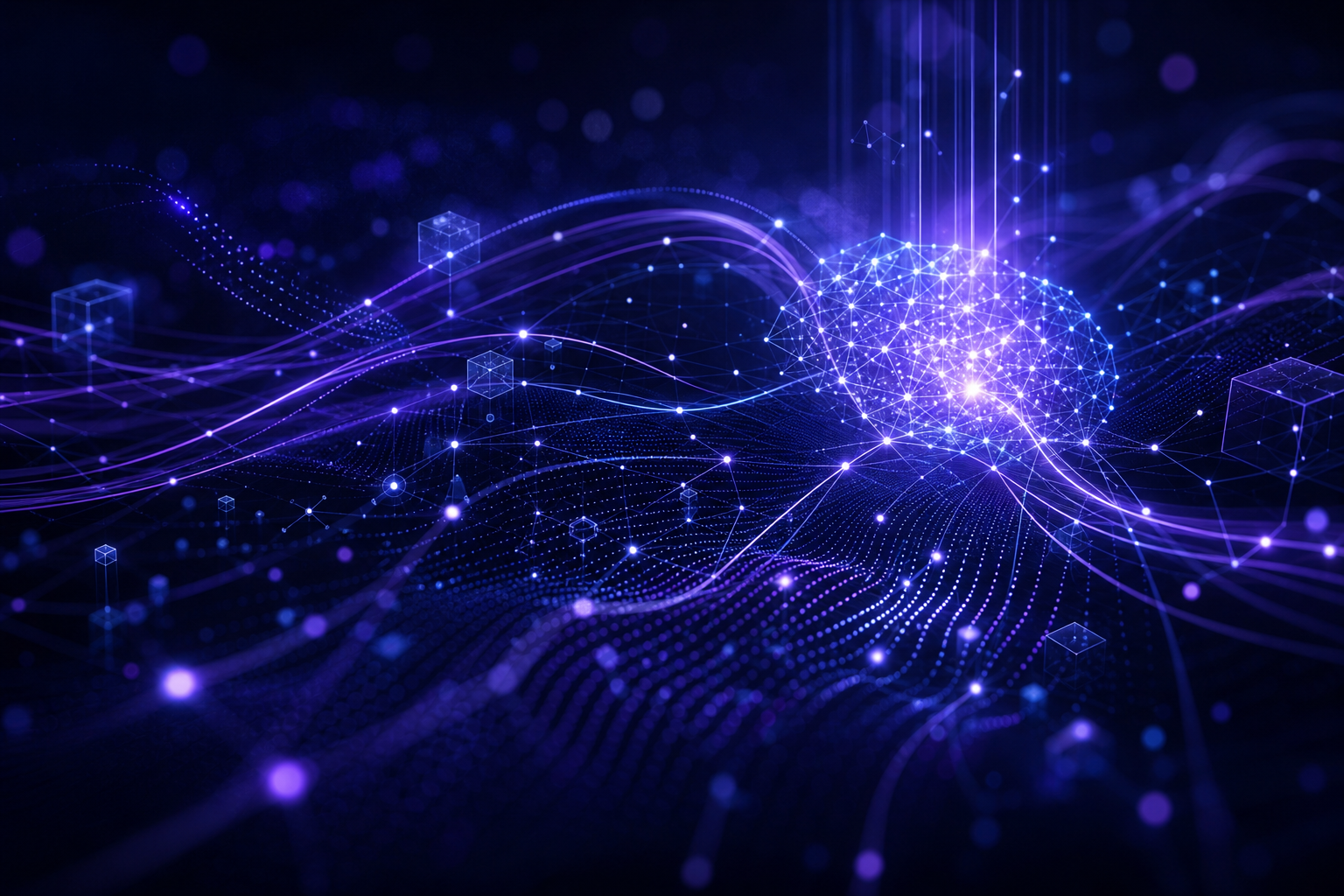 Abstract AI network flows with luminous nodes and layered data pathways