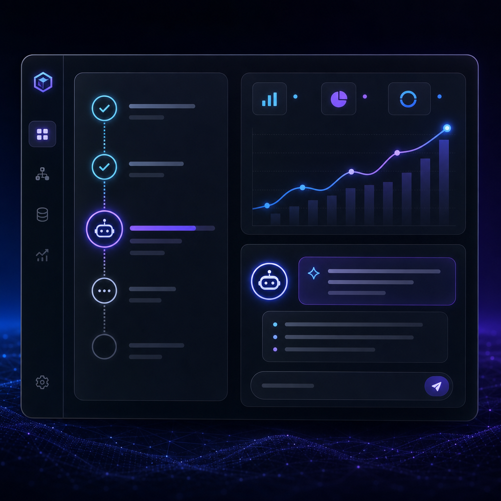 Compact UI panel showing automation status, insight chart, and AI assistant indicators