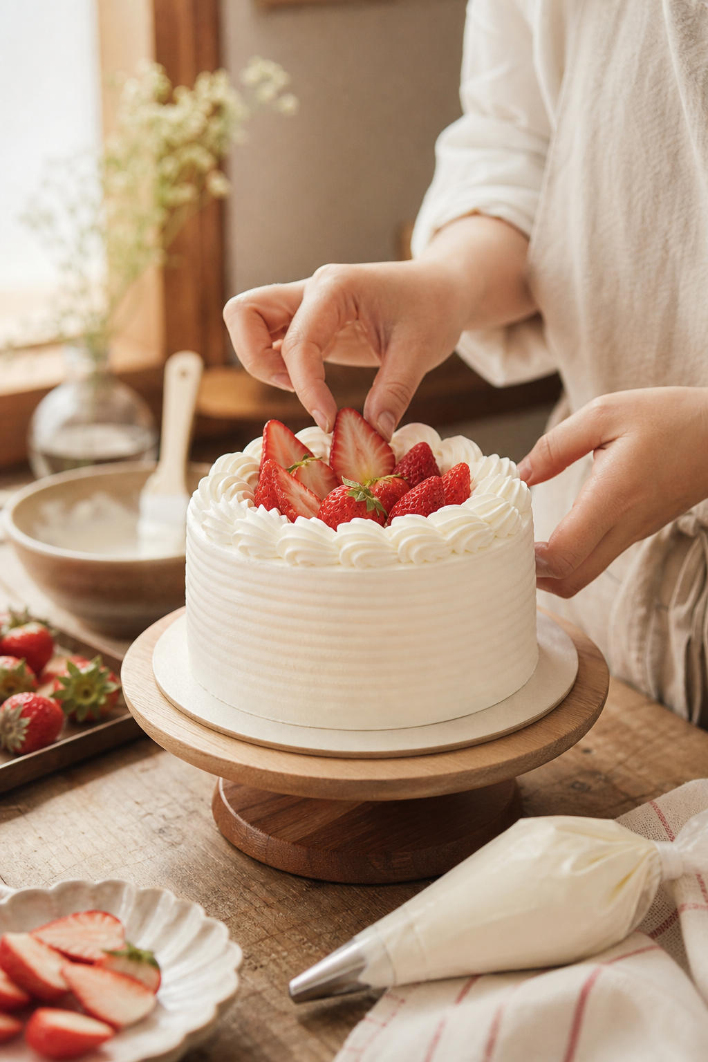 Close-up of a baker's hands finishing a fresh cream cake with fruit and delicate piping in a soft Japanese bakery atmosphere with warm natural light