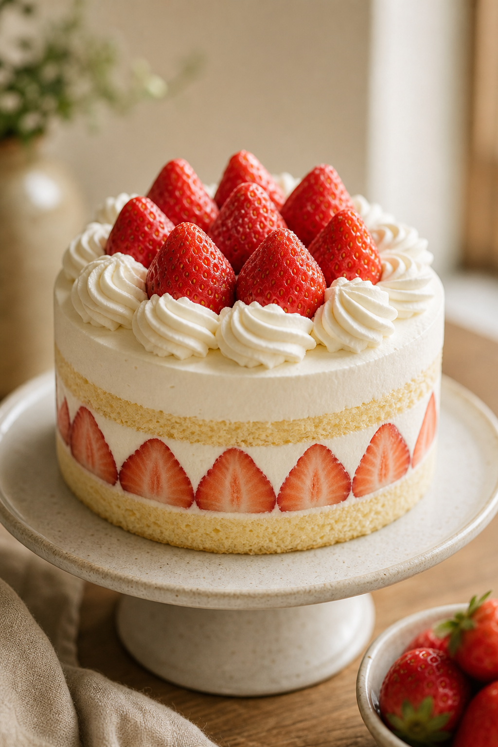 Beautifully decorated fresh strawberry shortcake on a simple cake stand, elegant Japanese bakery styling, soft natural light, appetizing close-up