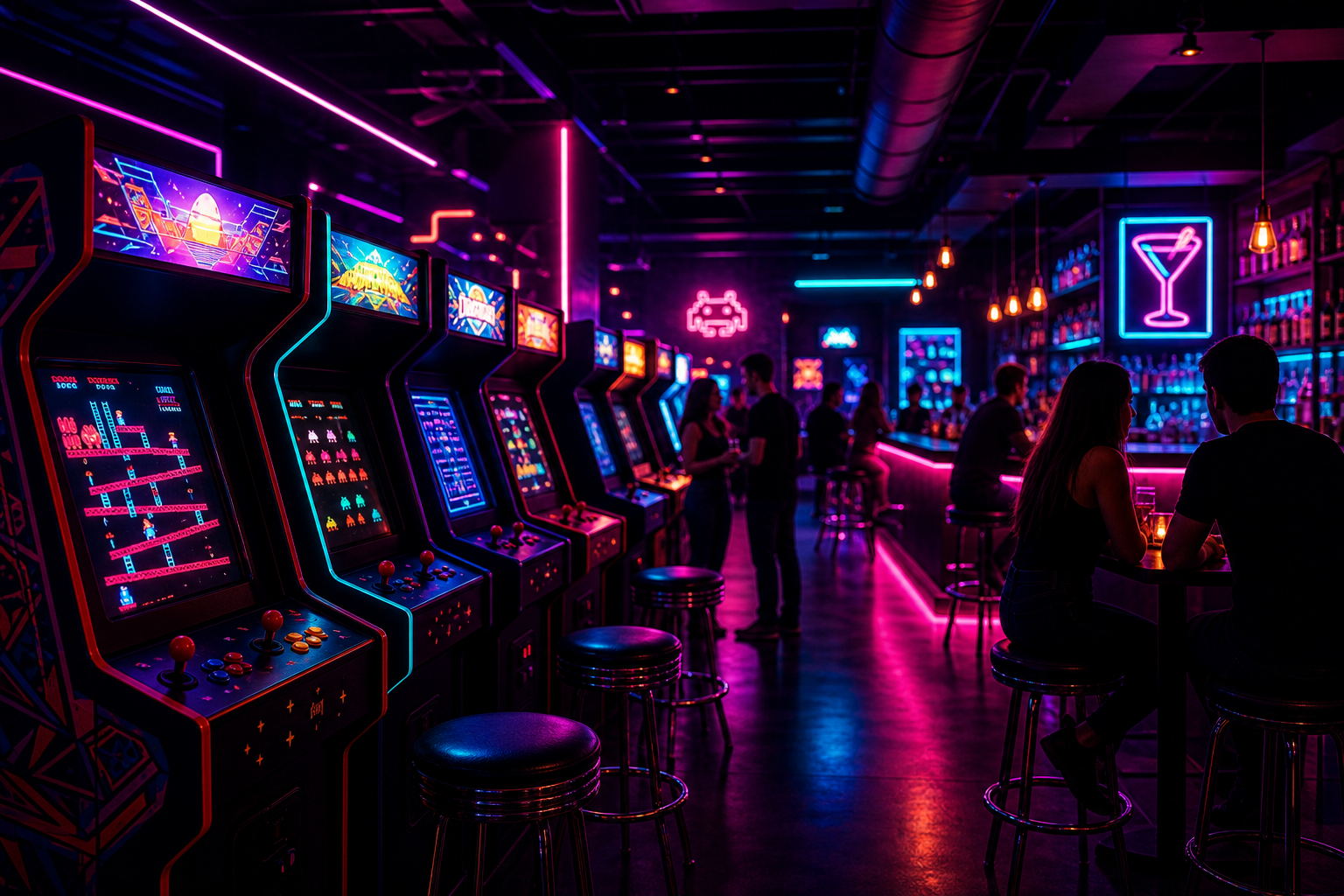 Neon-lit arcade bar interior with retro game cabinets, glowing magenta and cyan lights, and a lively social vibe