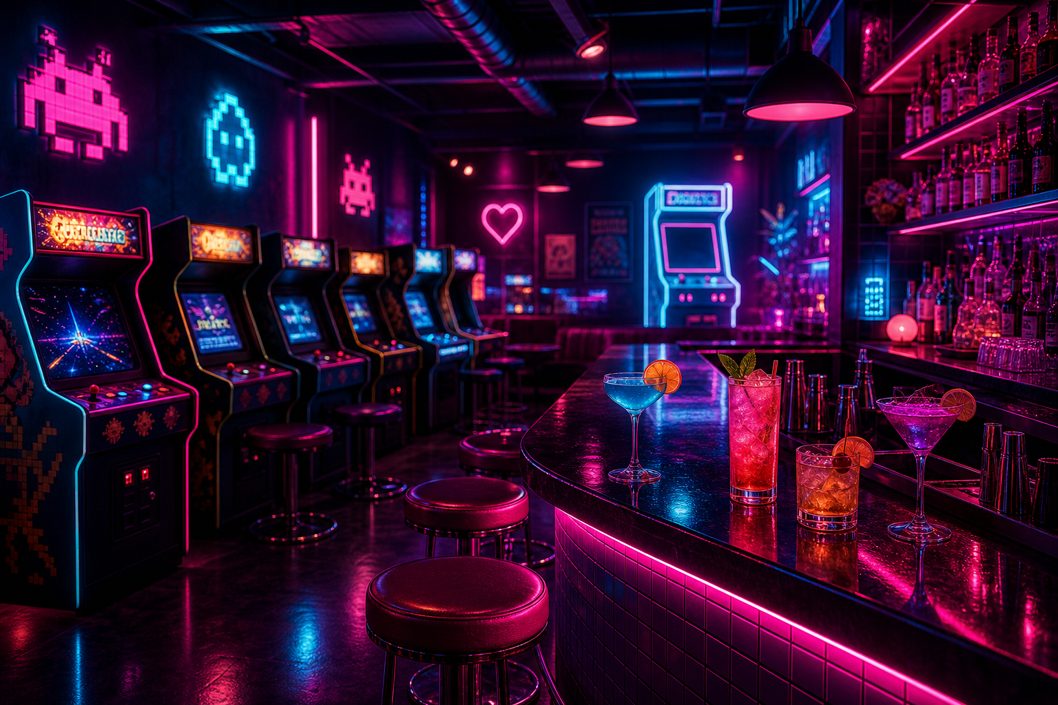 A neon-lit arcade bar interior with glowing magenta and cyan lights, retro cabinets, and a lively nightlife atmosphere