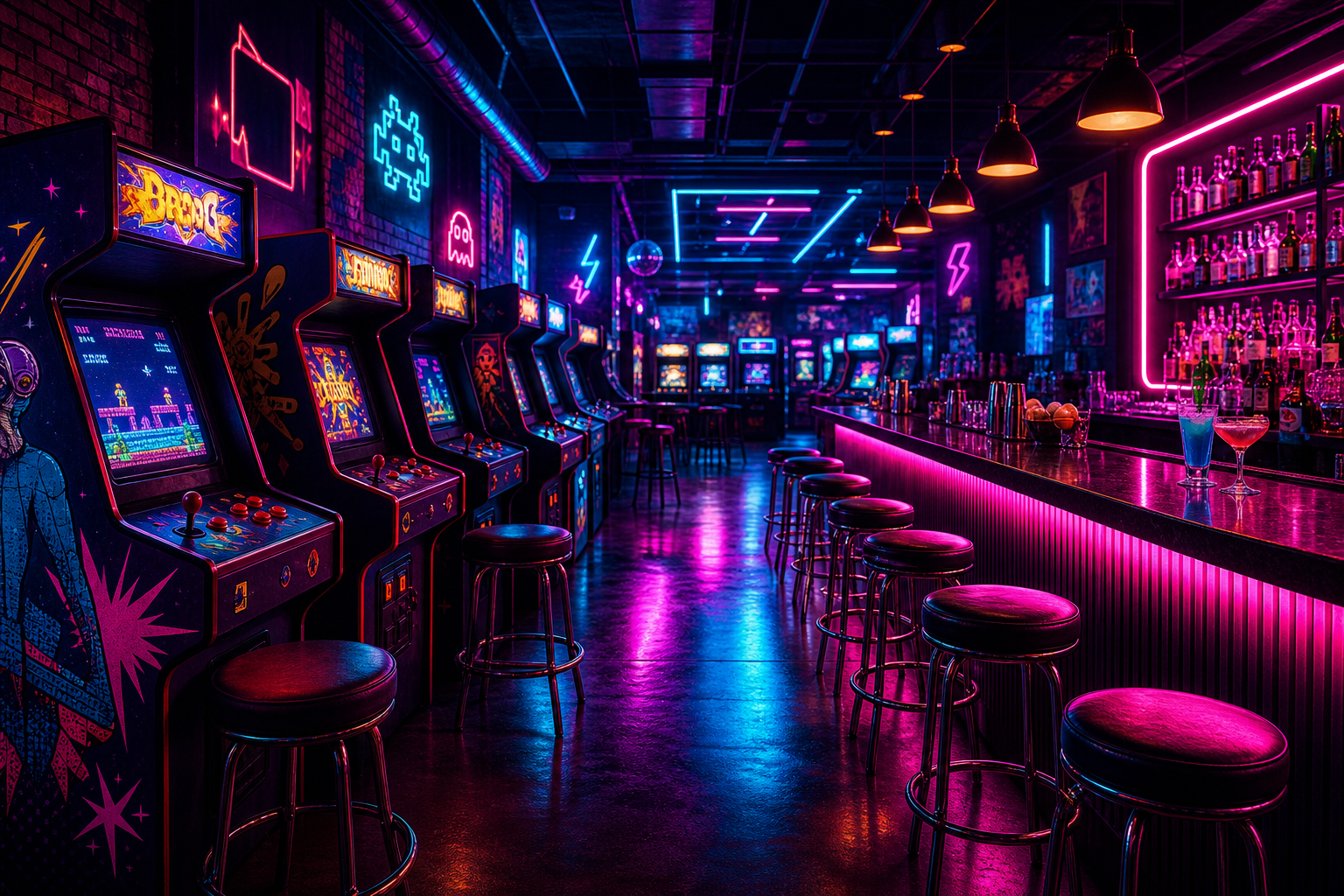 Vibrant retro arcade bar interior with glowing cabinets, neon magenta and cyan lights, and a sleek cocktail counter