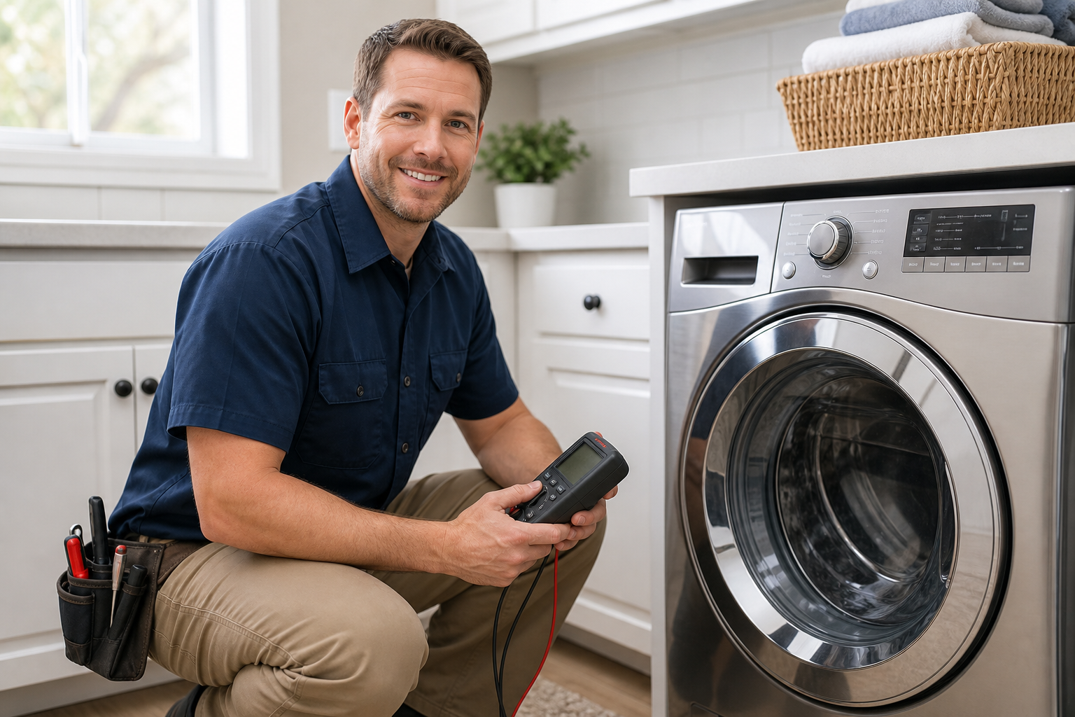 Friendly appliance repair technician kneeling beside a stainless steel washer in a clean laundry room