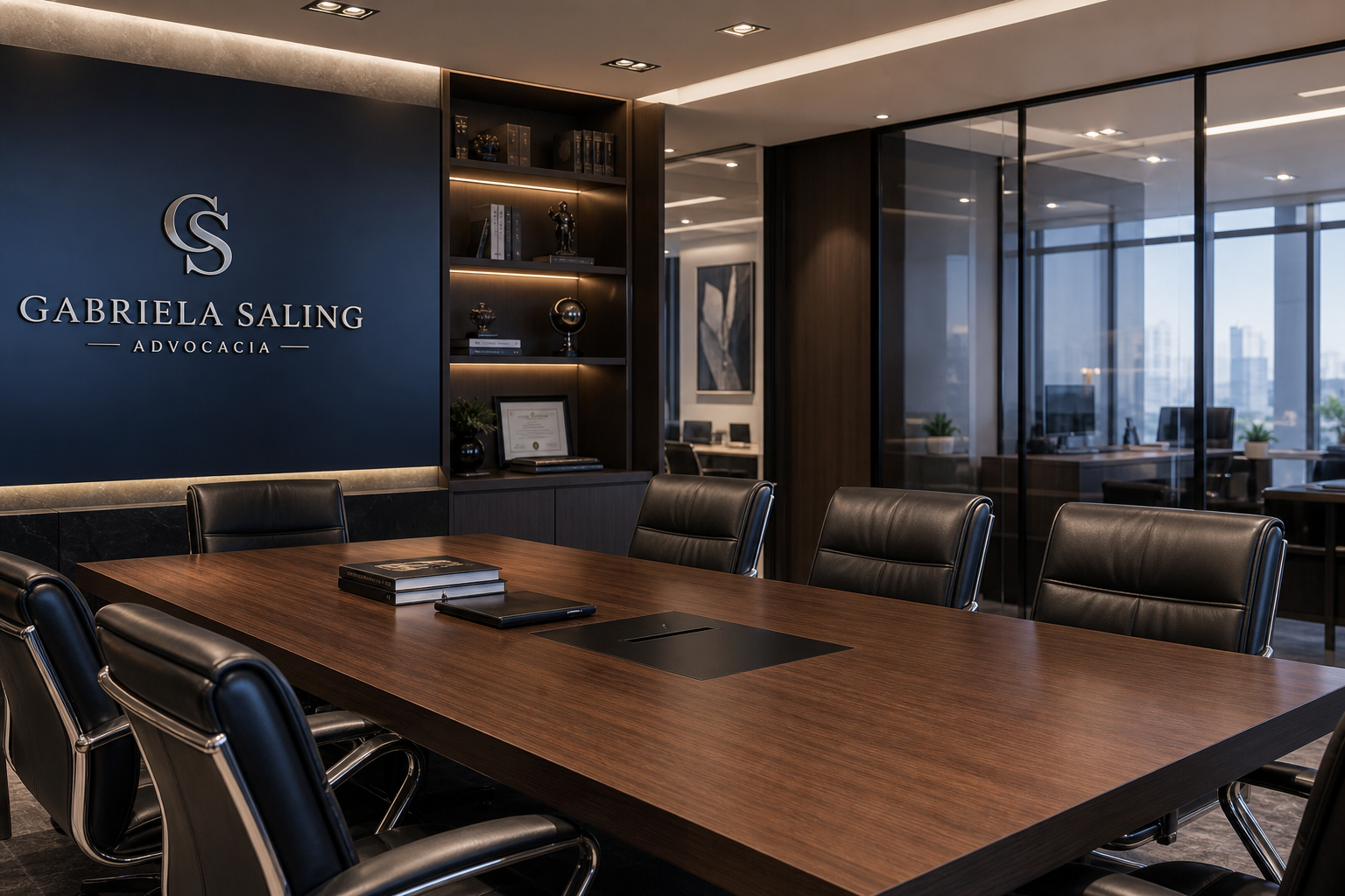 Interior de um escritório jurídico corporativo moderno com mesa de reunião, poltronas de couro escuro e iluminação suave.