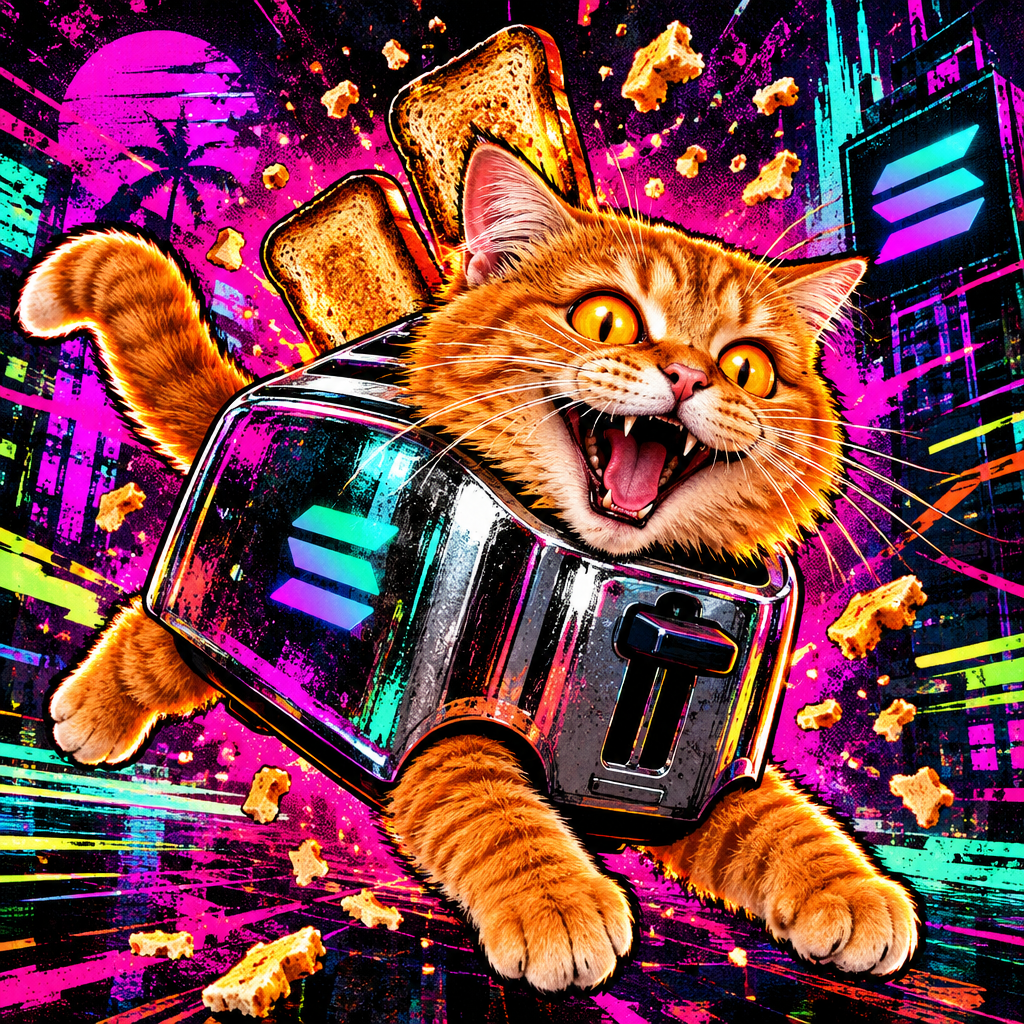 Chaotic meme-style orange cat wearing a metallic toaster shell, glowing eyes, crumbs flying, neon punk poster look