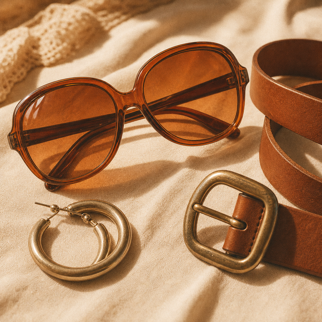Collection of vintage accessories including oversized sunglasses, metallic hoop earrings, and a tan leather belt on a cream backdrop