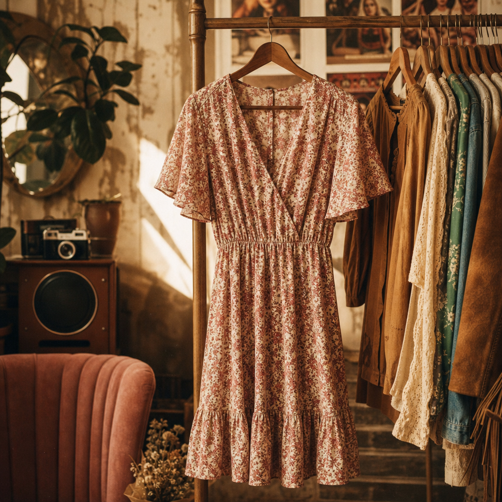 Retro floral midi dress in faded rose tones hanging on a wooden rack with soft film lighting