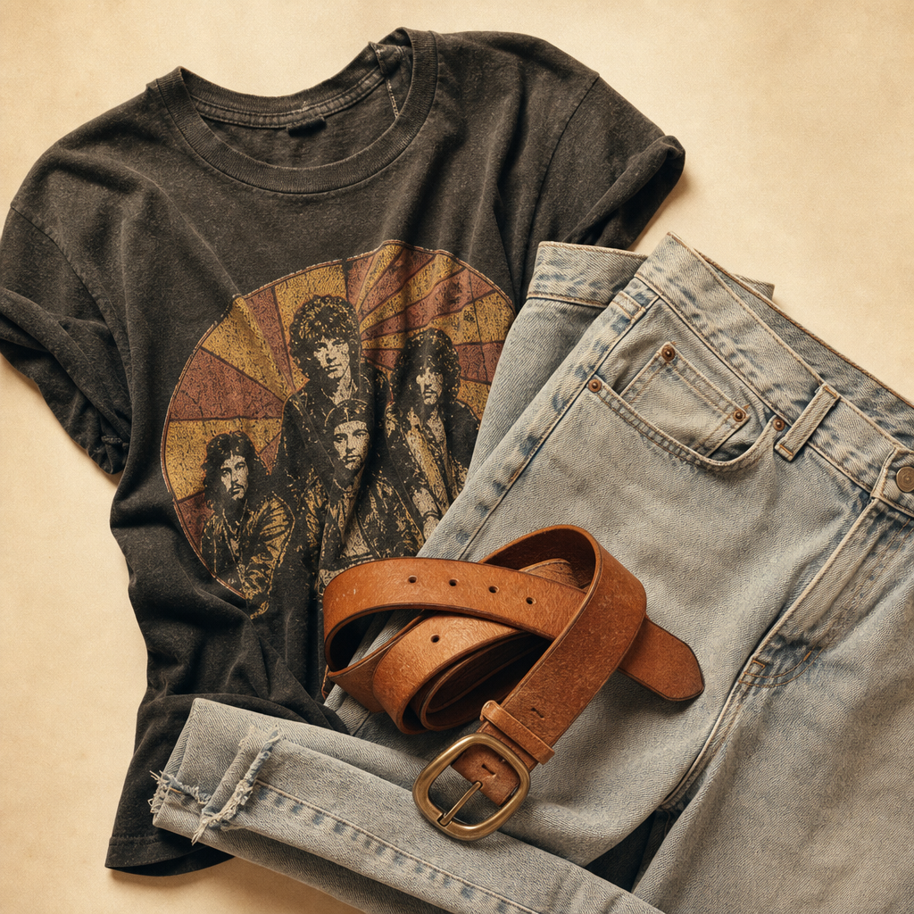 Vintage styled flat lay with a faded graphic tee, high-rise denim, and chunky belt on a warm studio backdrop
