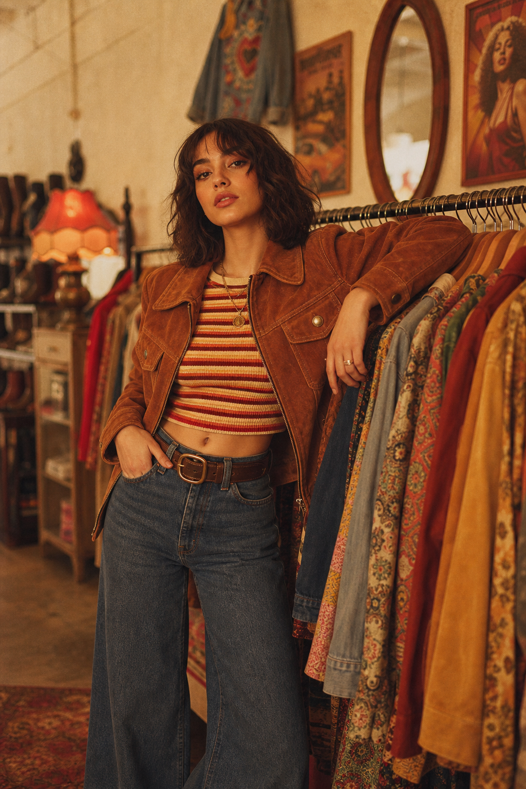 Warm film-style editorial portrait of a stylish Gen Z model in a vintage 70s suede jacket and wide-leg denim, standing beside a rack of colorful retro clothing in a softly lit boutique.