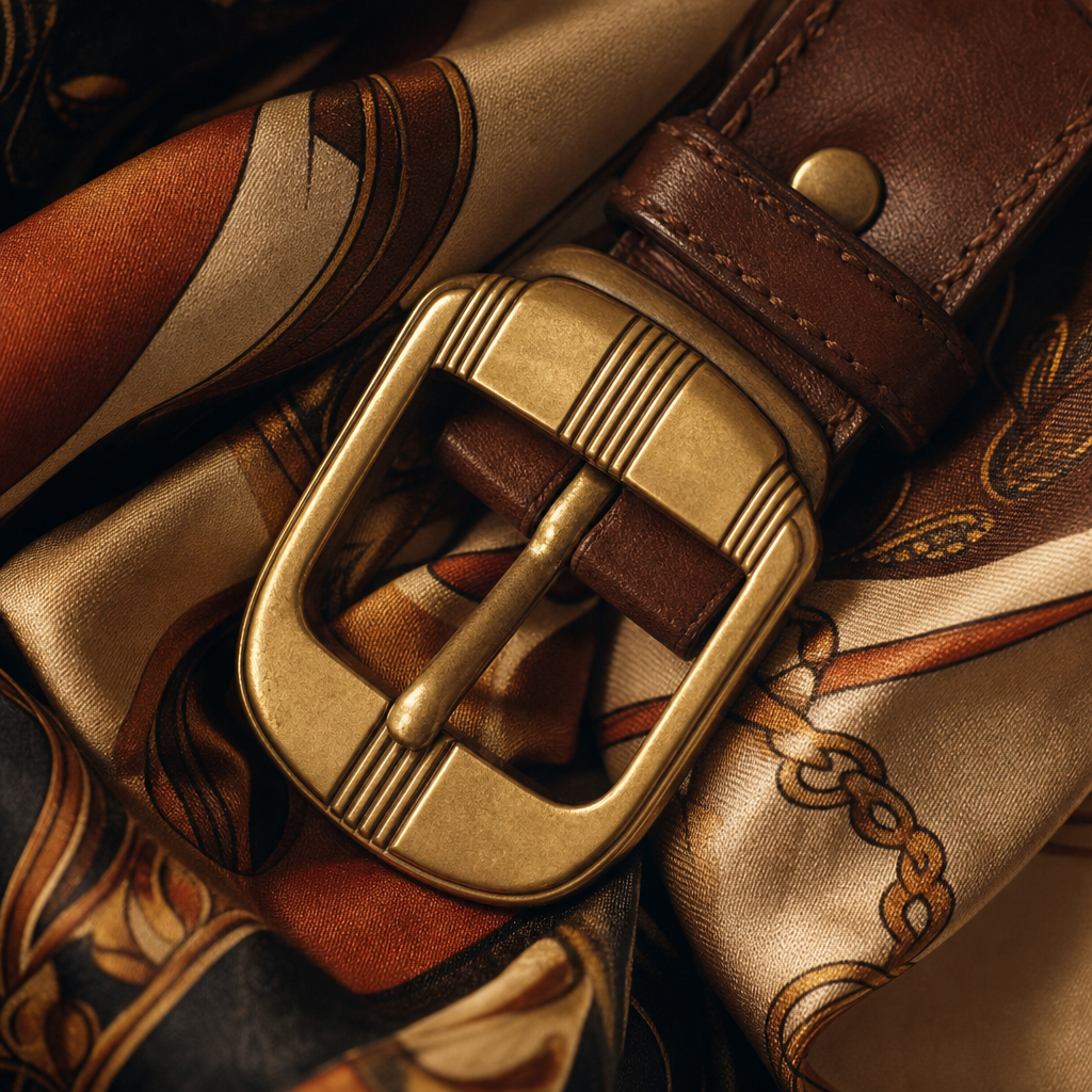 Close-up of a gold vintage belt buckle resting on a silk scarf