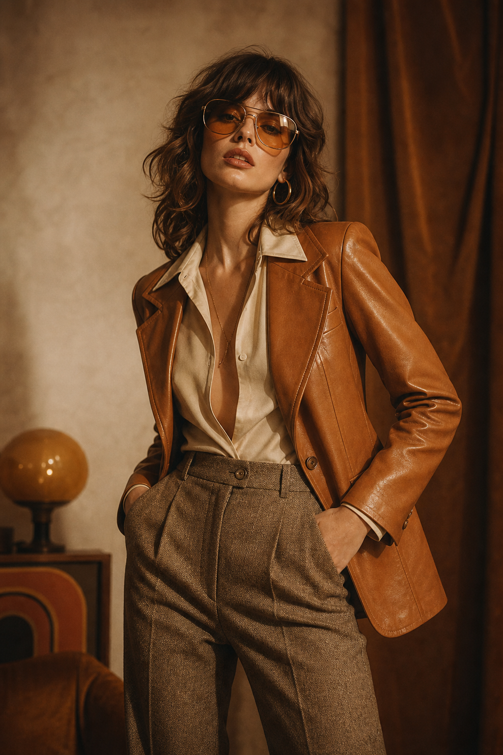 Model wearing a caramel leather blazer and high-waisted vintage trousers