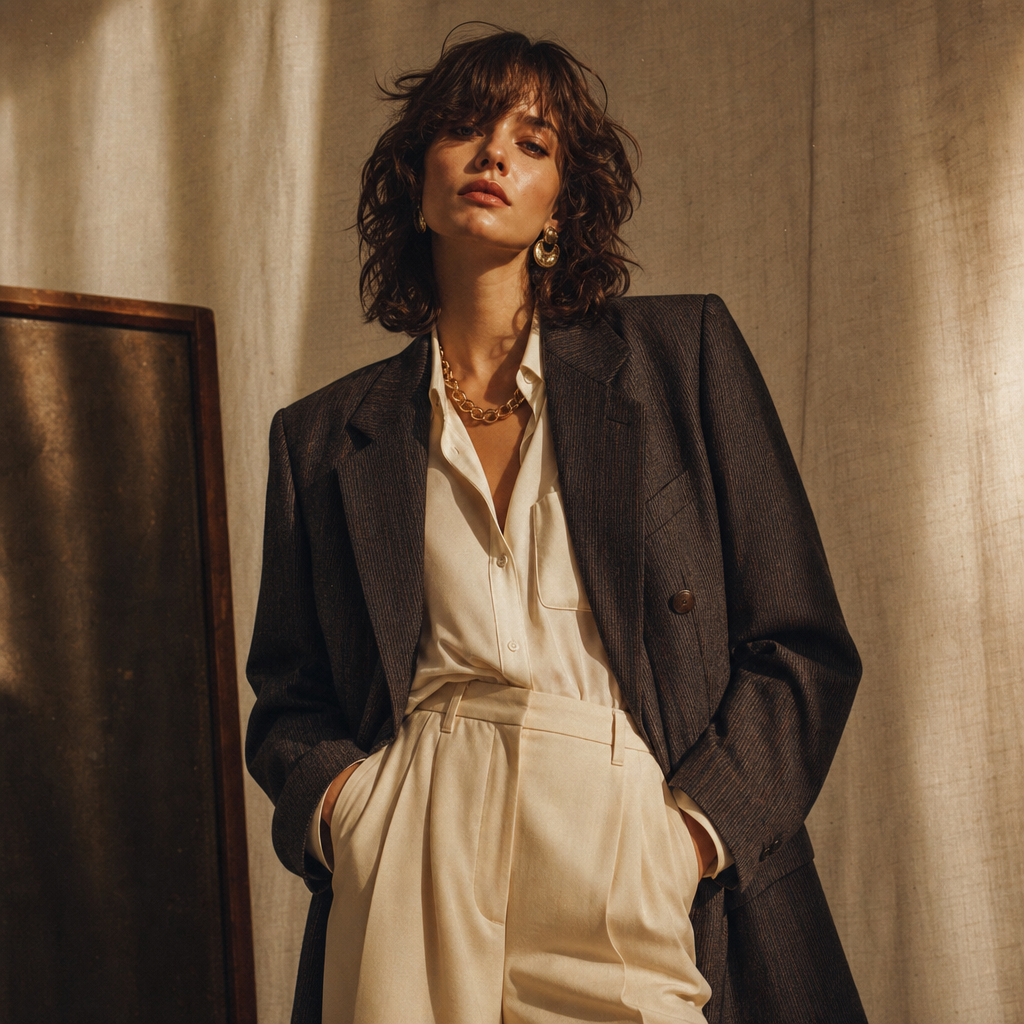 Editorial portrait of a model in a vintage 1980s blazer with warm cinematic lighting