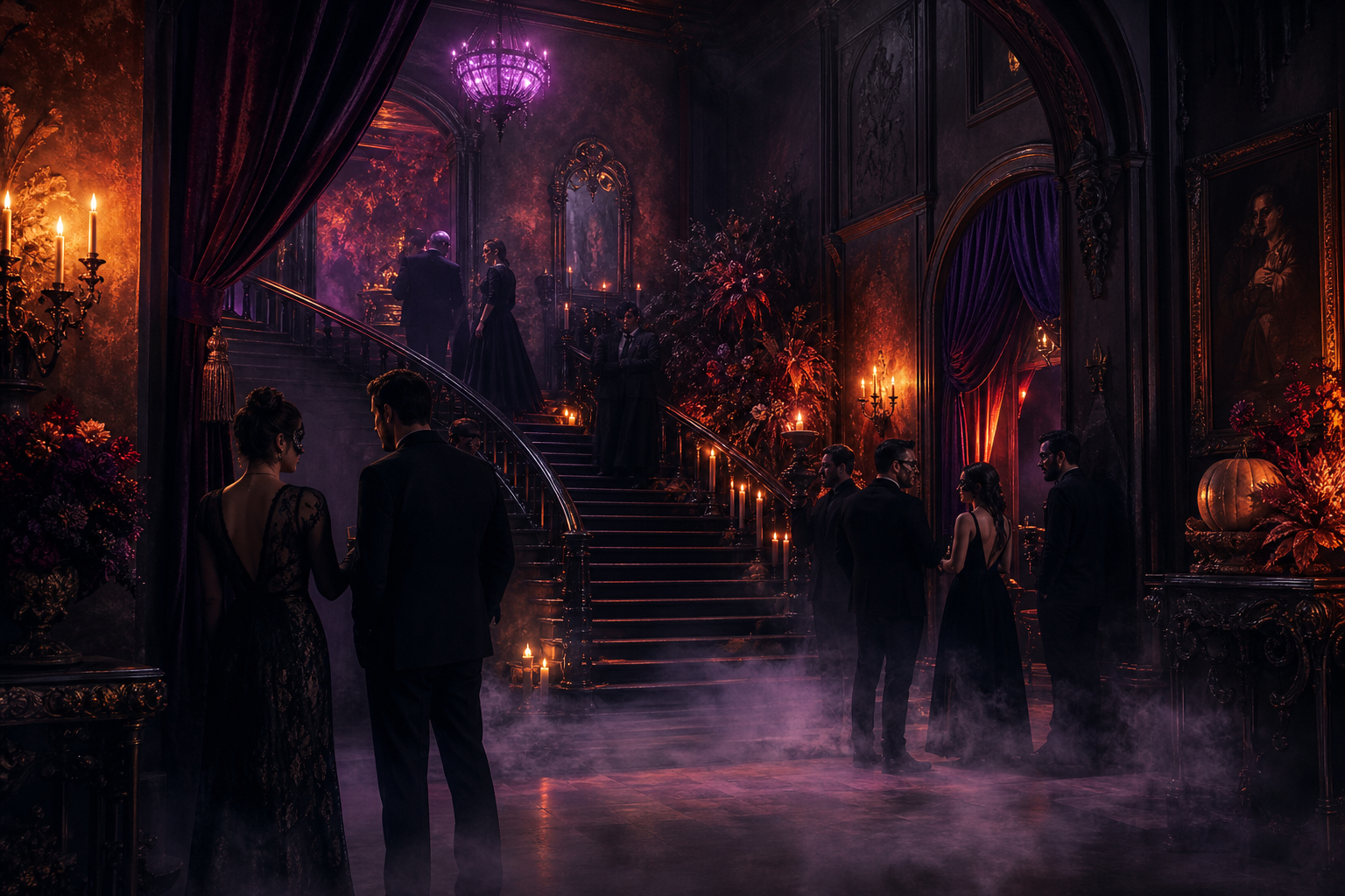 Moody gothic foyer with grand staircase, candlelit sconces, drifting fog, and elegant guests in black attire