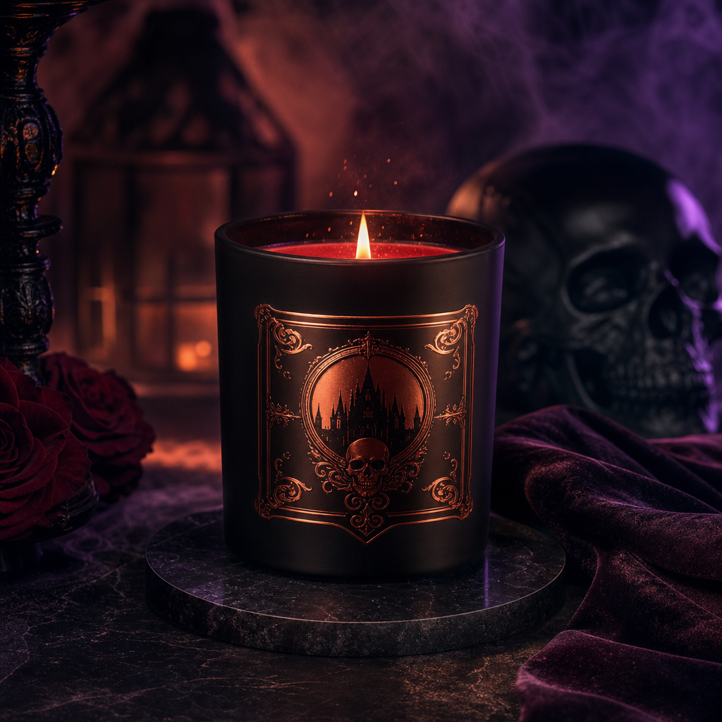 Collectible gothic candle in a matte black jar with copper label and crimson wax