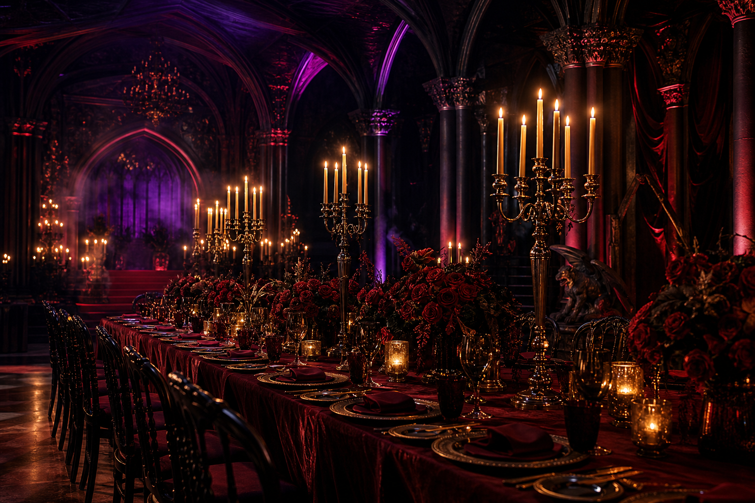 Candlelit ballroom with a long table set in crimson and gold