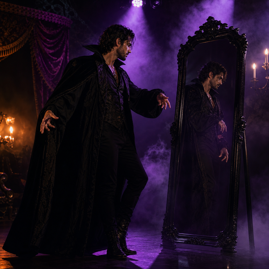Performer in a dramatic black cloak practicing movement beside a mirror, with violet haze and theatrical spotlights