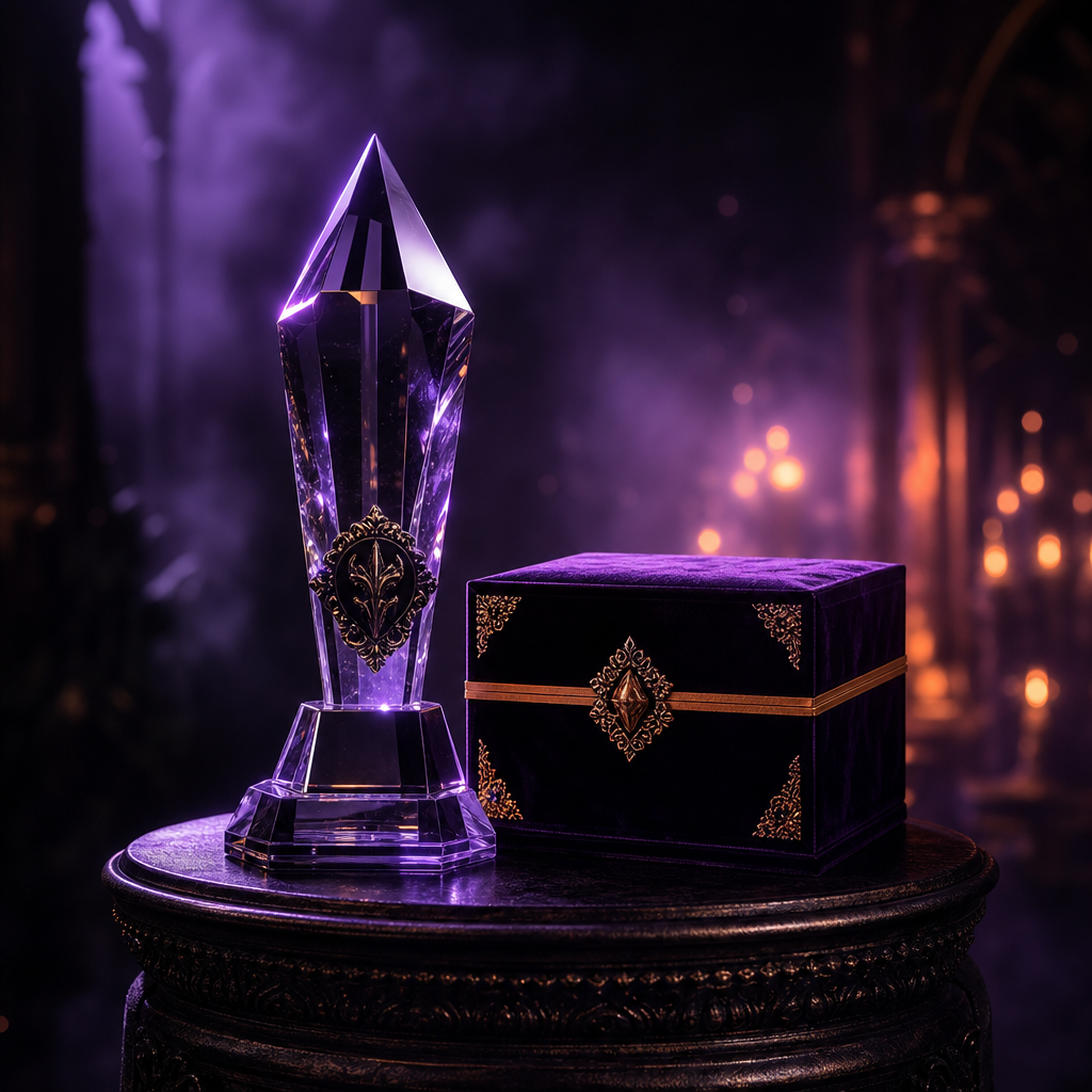 Crystal trophy and velvet prize box glowing with violet light