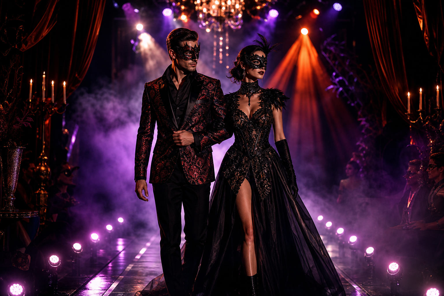 Elegant masked couple in dramatic Halloween couture on a foggy runway