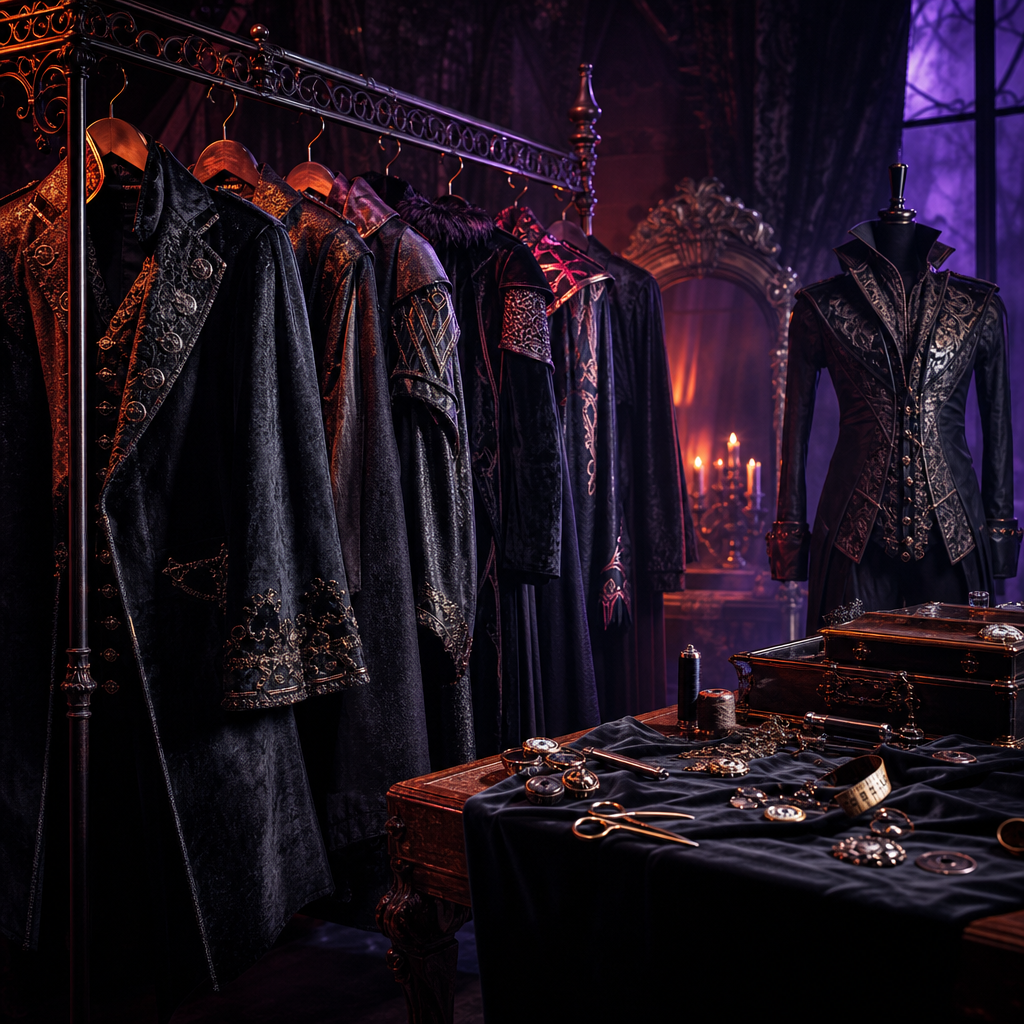 Gothic costume rack with charcoal velvet coats, metallic trims, and a tailor’s table lit by warm orange highlights
