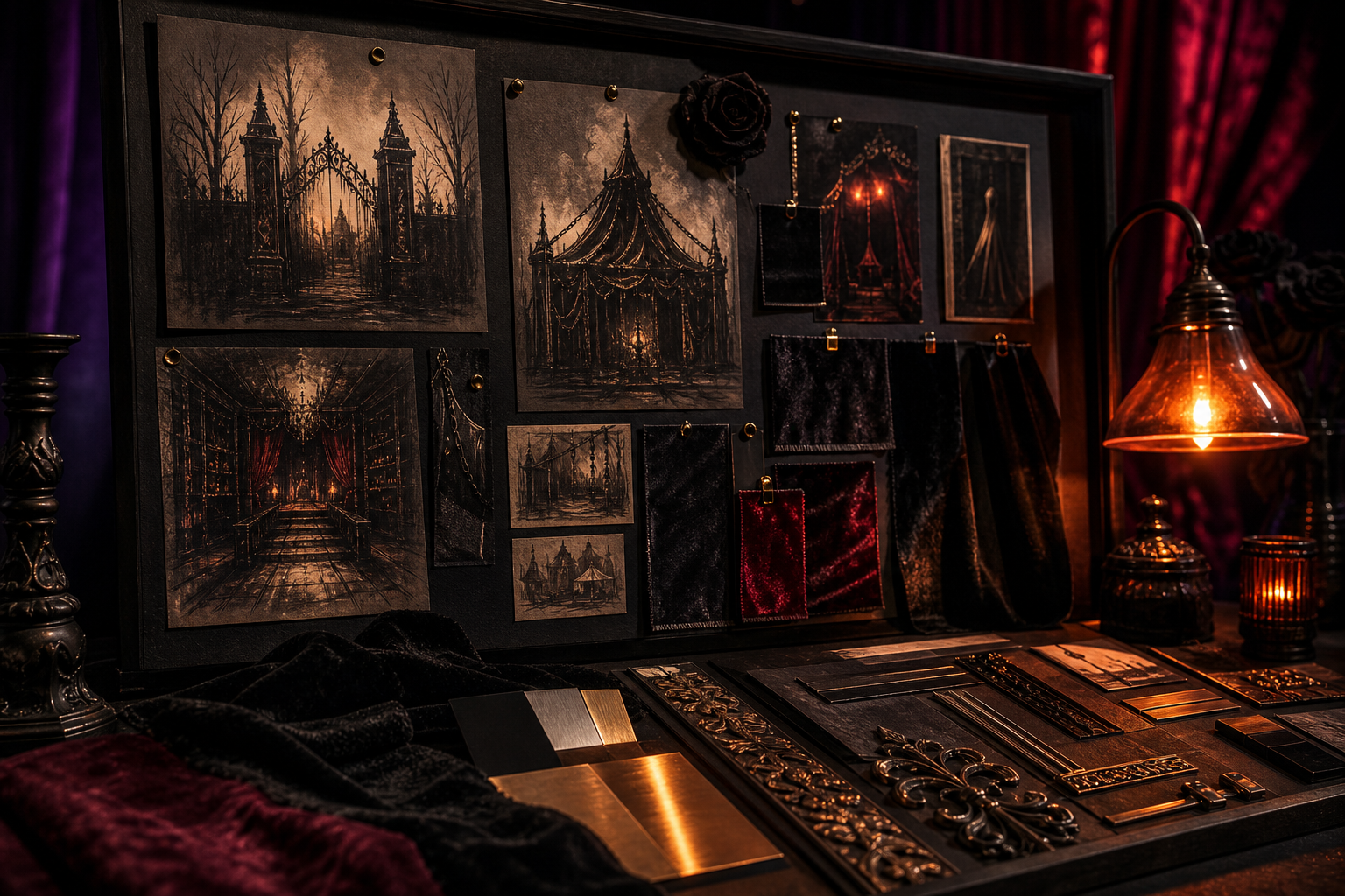 Moody design studio wall with gothic reference sketches, black velvet swatches, and electric orange lighting