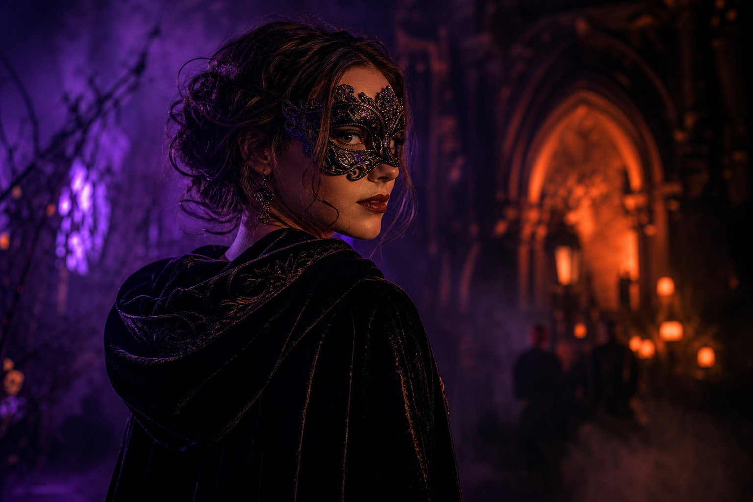 Moody portrait of a masked guest in velvet attire under violet light