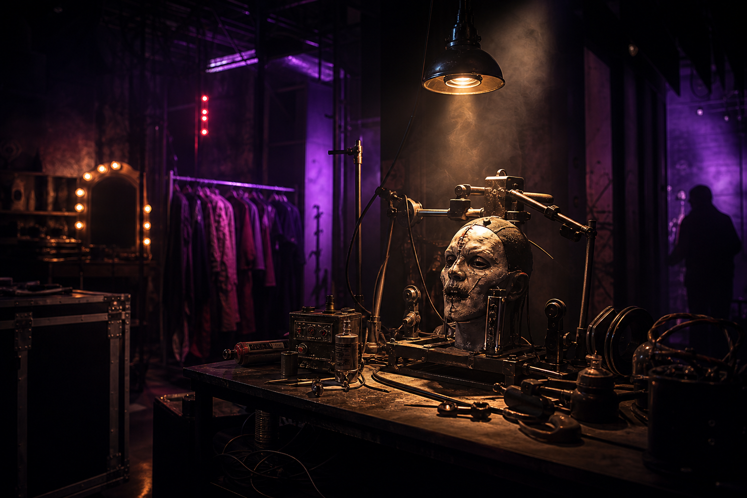Moody backstage workshop with fog, metallic tools, and a spotlighted practical effects rig