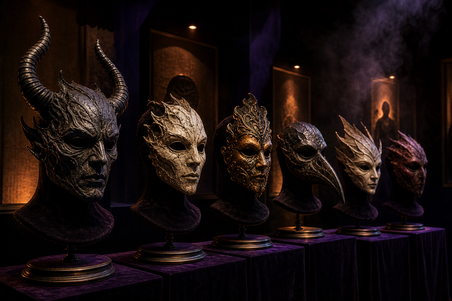 A premium collection of handcrafted latex masks on velvet stands, featuring distinct sculpted textures and elegant lighting