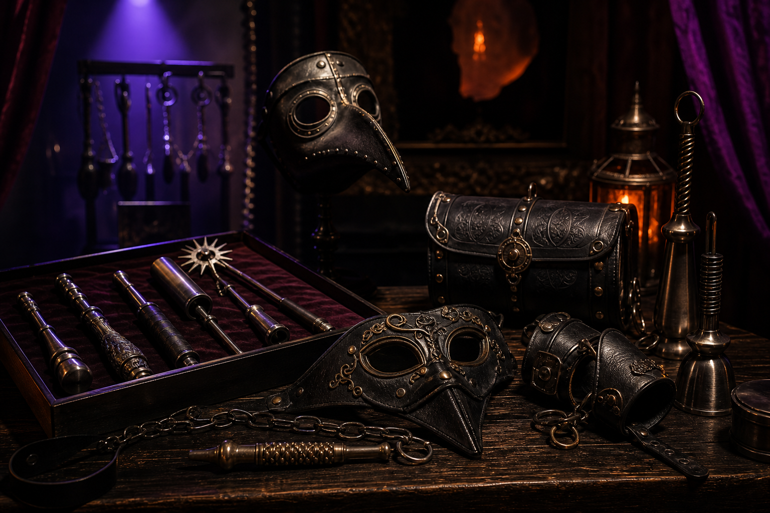 A display of metallic and leather theatrical props arranged on a dark wooden table under cinematic spotlights