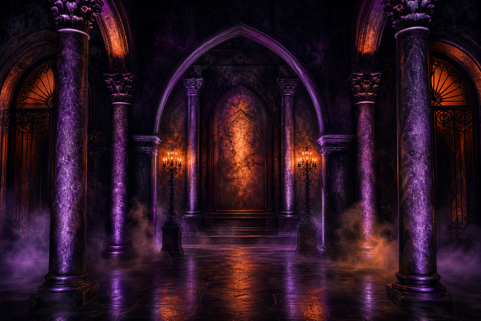 A dramatic gothic set piece with towering columns and subtle fog, lit by violet and amber theatrical lighting