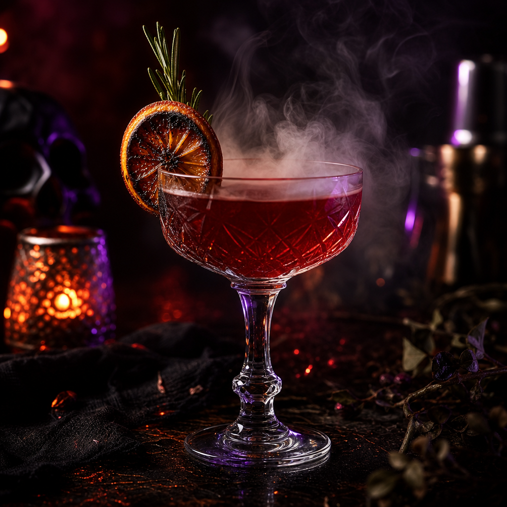 Smoky crimson cocktail in a cut-crystal coupe with a charred orange wheel and a thin ribbon of fog