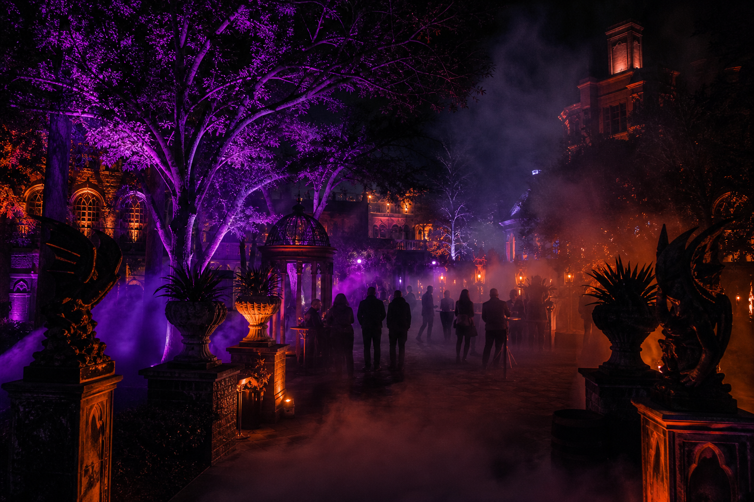 Outdoor courtyard wrapped in fog with violet uplighting