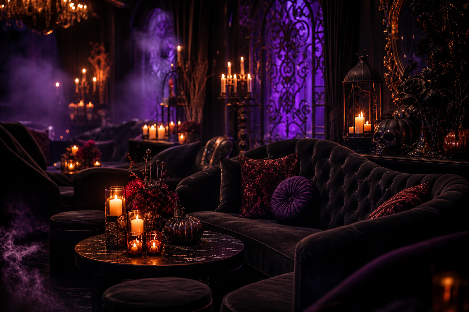 Lounge vignette with black velvet seating, candle clusters, and subtle violet glow