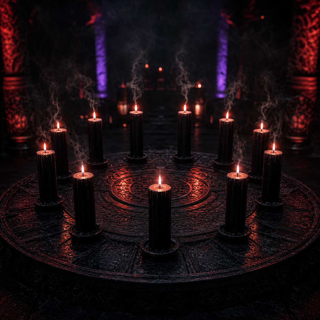A circular altar of tall black candles with subtle smoke and crimson glow