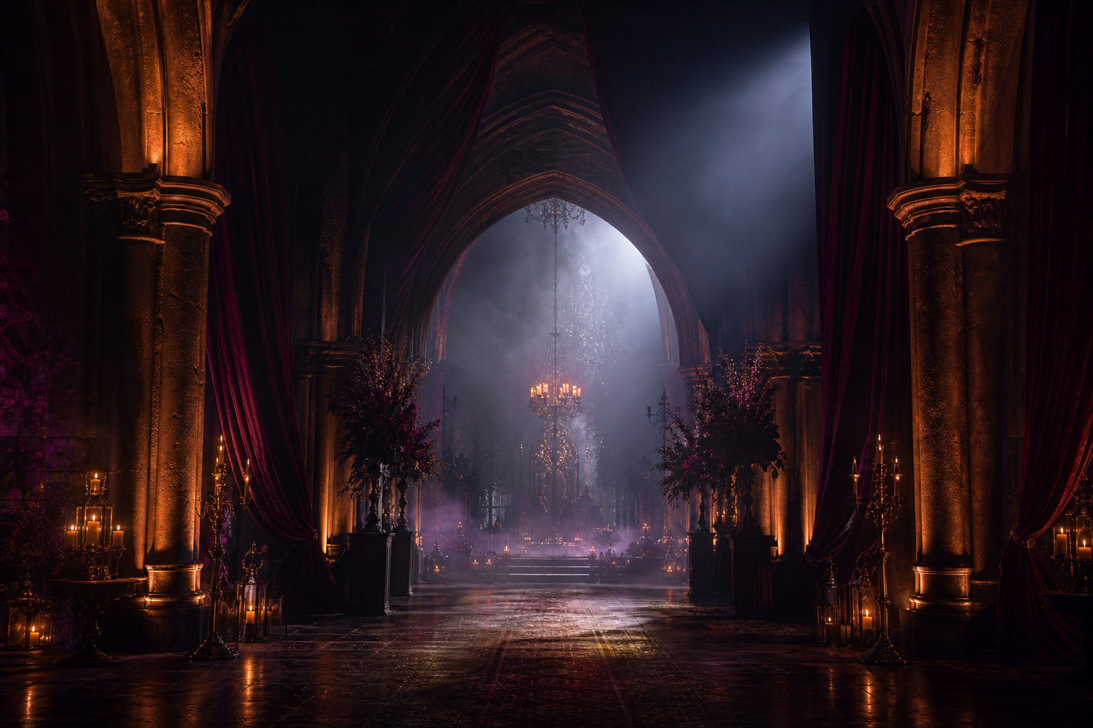 A cinematic view of a vaulted gothic archway with misty light beams and velvet drapery